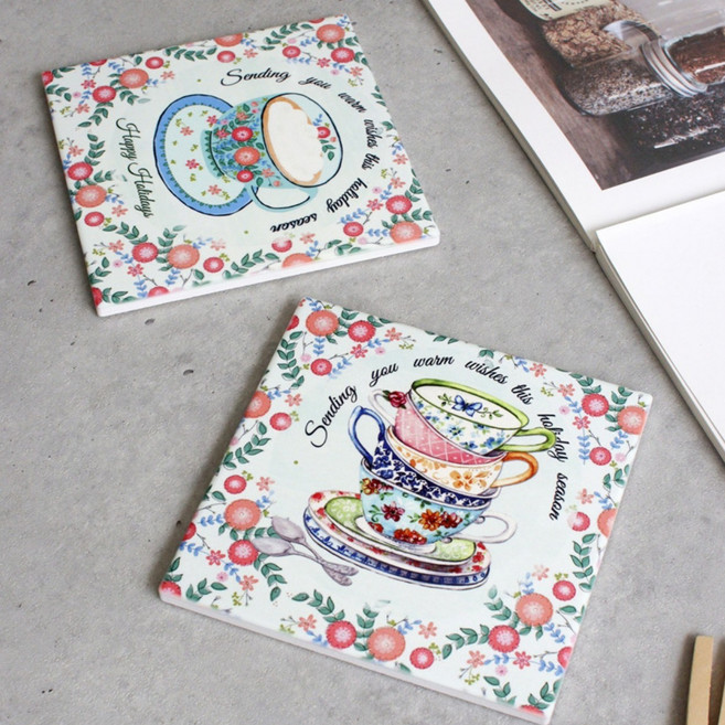 티타임 사각 냄비받침 2type 카페 일러스트 도자기 주방 인테리어 소품, 크림커피, 1개