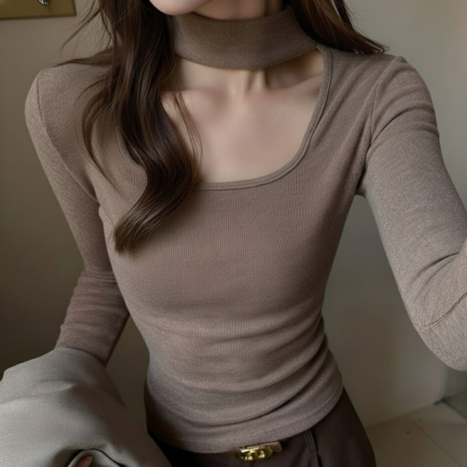 에쉬울프 얇은 기모 목폴라 포인트 스퀘어넥 긴팔 티셔츠