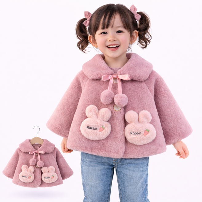 유아 여아 토끼 퍼코트 케이프 망토 겨울 아기 털코트 리본 방울 아우터