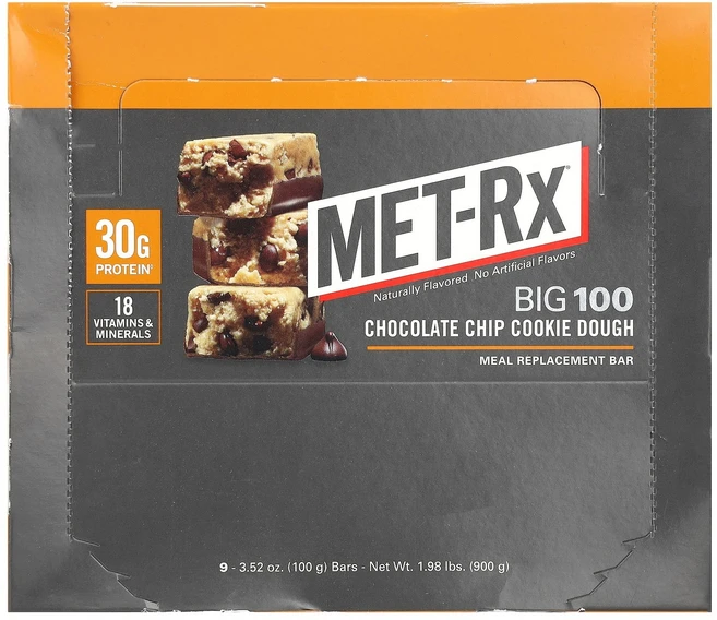 MET-Rx Big 100 식사 대용 바 초콜릿 칩 쿠키 도우 바 9개 각 100g(3.52oz) MET-Rx (메트-Rx), MET-Rx, Big 100, 식사 대용 바, 초콜릿, 100g - 쿠팡