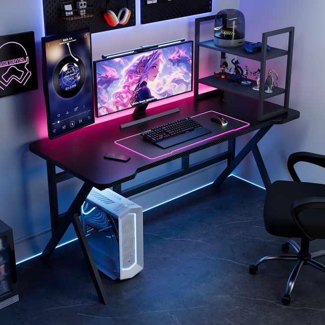 심씨무 K자 다용도 게이밍 컴퓨터 책상, 탄소 섬유 블랙