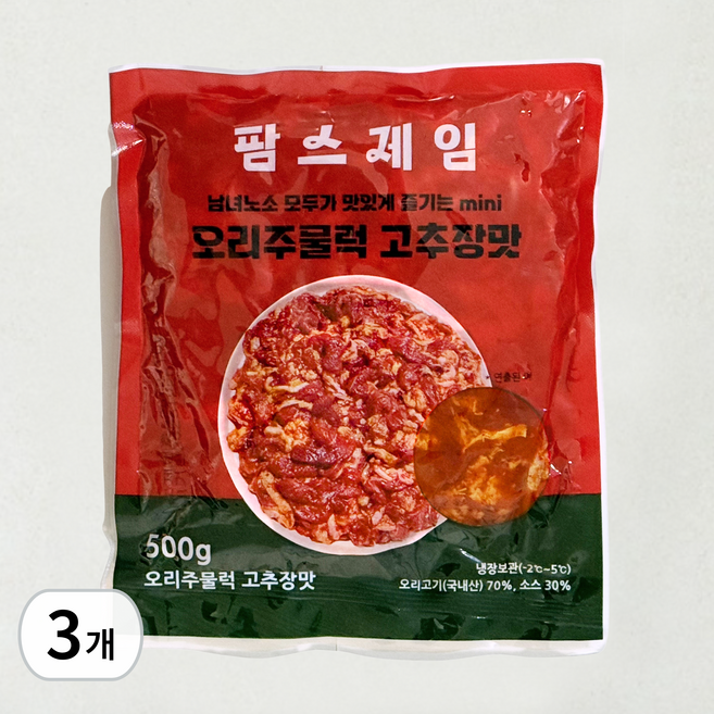 (주7일출고) 팜스제임 국내산고추가루 무항생제 오리주물럭 (냉장) 오리 주물럭 불고기 오리고기 슬라이스, 500g, 3개