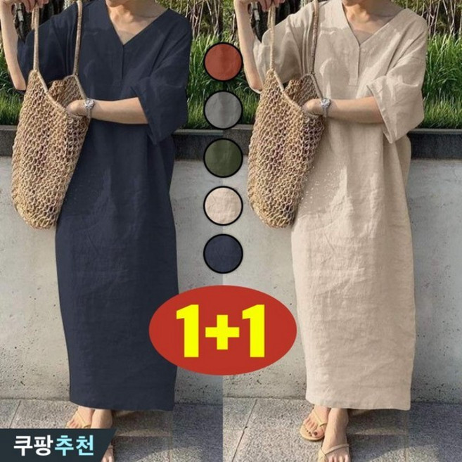DEARHUA 1+1 여성 린넨 브이넥 박스 맥시 시원한 원피스 봄 여름 빅사이즈 추천 반팔 무지 오버핏 V넥 얇은 더위 흡수 통기성 면 마 디자인 세련 스타일 휴양지 롱 원피스