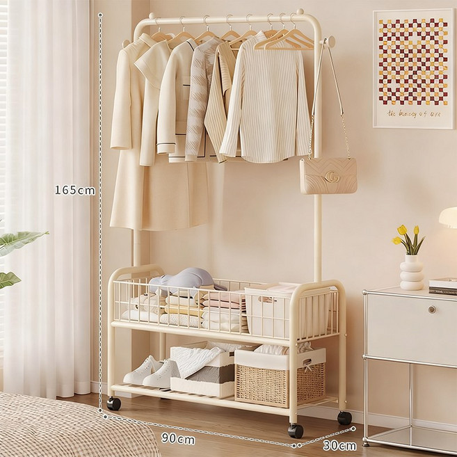 호밍사이 이동식 행거 옷걸이행거 대용량 수납공간 2단행거 튼튼한 옷걸이 행거, 크림색