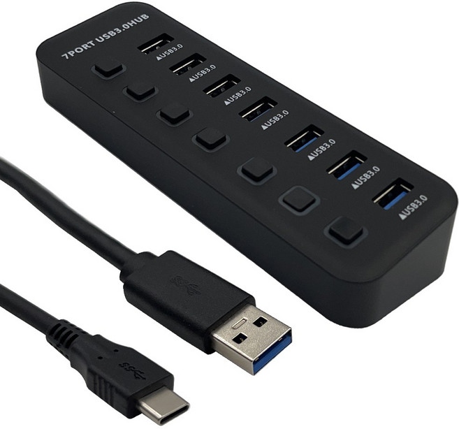 【Apigu谷德】擴充槽 集線器 獨立開關 插座分線器 擴充埠, 1個, USB3.0 7孔 HUB, 黑