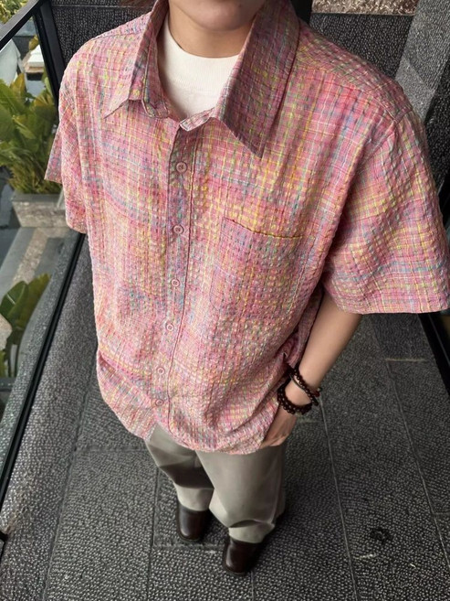 格紋寬鬆短袖襯衫男女設計感夏季新款小眾ins外套襯衣情侶上衣潮