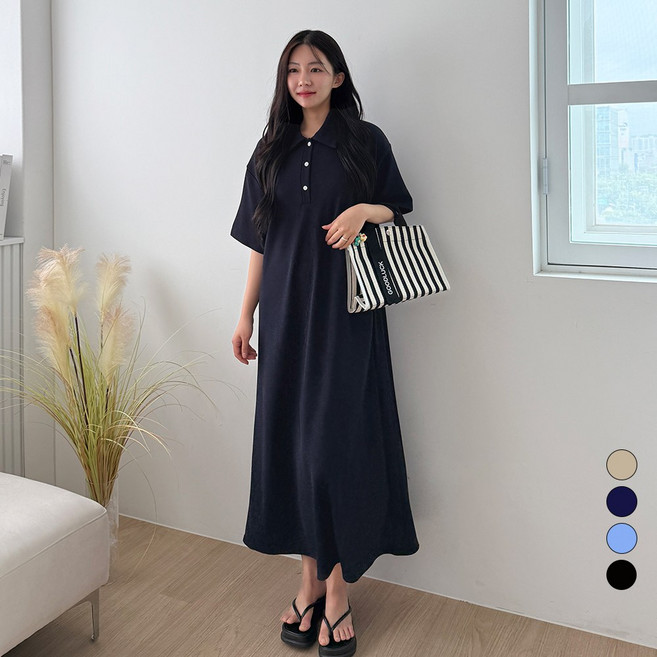 디테일웨어 여성 카라넥 단추 포인트 링클프리 원단 무지 플레어 반팔 롱원피스 빅사이즈 임부복 구김없는 오버핏 원피스