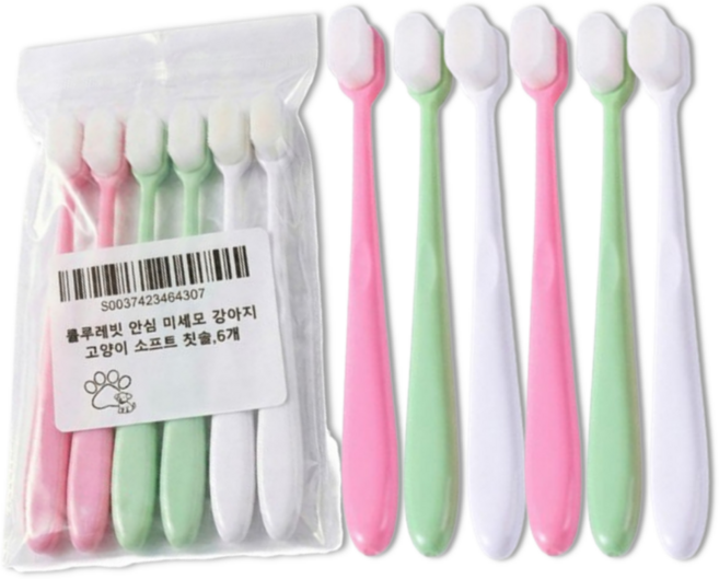룰루레빗 안심 미세모 강아지 고양이 소프트 칫솔, 핑크+그린+화이트, 6개