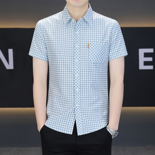 川月商行 格子男士襯衣短袖商務休閒襯衣夏季韓式百搭新款寸衫