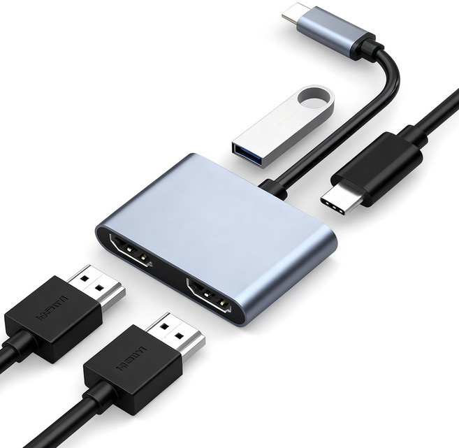 오솜 usb허브 듀얼 HDMI 멀티 어댑터 4in1, 1개, 메탈실버