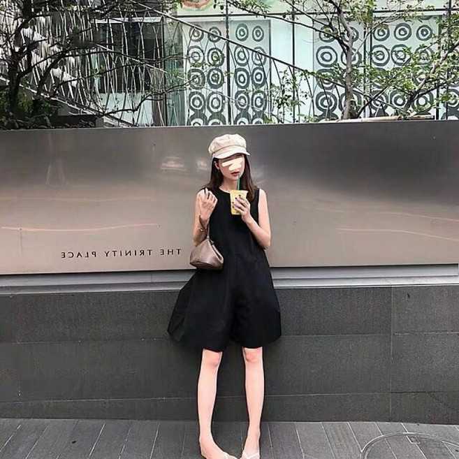 미중 여성 여름 박시 캐주얼 빈티지 와이드 순색 날씬 점프슈트 반바지yy