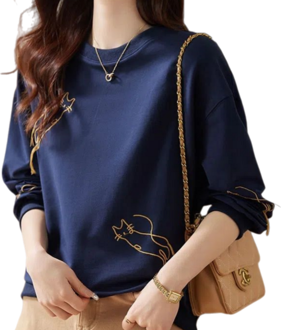 Makone 여성 봄 가을 라운드넥 솔리드 고양이 자수 캐주얼 맨투맨 티셔츠