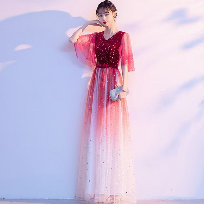 화려한 여성 연주복 드레스 공연 무대복 연주회 와인레드 이브닝 드레스