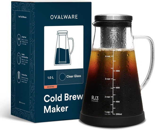 ovalware 에어타이트 콜드브루 아이스 커피 메이커 투수 및 티 인퓨저 브루잉 유리 카라페 분리형 스테인리스 스틸 필터 포함, 51 온스