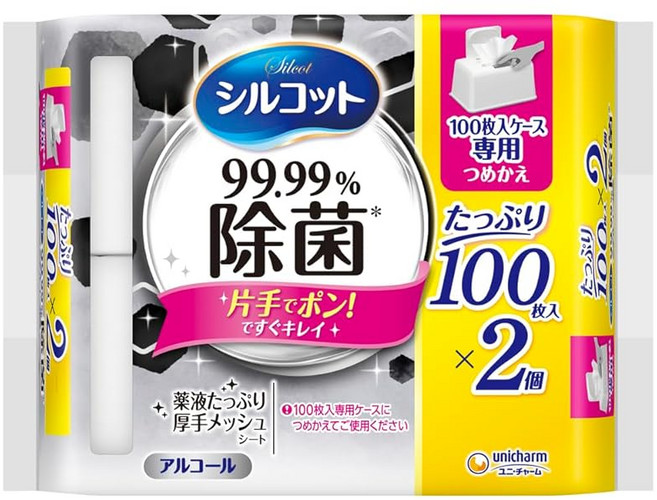 실콧 대용량 99.99% 살균 물티슈 알코올 타입 리필 200매(100매×2개)