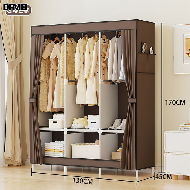 DFMEI 加固簡易衣櫃收納衣櫥防塵衣櫃宿舍鋼架組合簡約現代櫃子工廠, C款咖啡色(整箱起):如圖