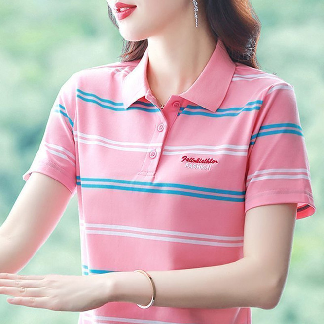 중년 여성 폴로넥 반팔 티셔츠 엄마 얇은 순면 스트라이프 반팔티 봄 여름 슬림핏 터틀넥 상의 SJS