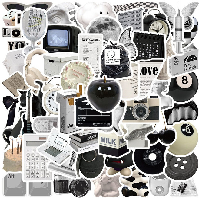 아뜰라임 프리미엄 리무버블 여행용 캐리어 스티커 노트북 핸드폰 다이어리 패드 꾸미기 감성 방수 다꾸 폰꾸, 1세트, 블랙 앤 화이트 감성 소품