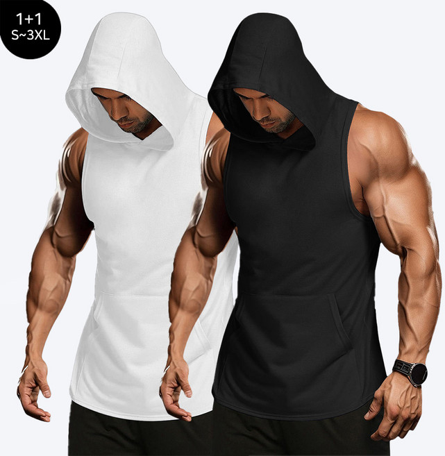 FANSYLI 1+1 남성 캐주얼 민소매 나시 조끼 후드나시 2장 세트 농구티셔츠 스포츠 헬스 티셔츠 빅사이즈 데일리 2P 2601JLL3624