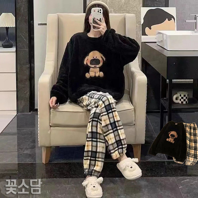 꽃소담 여성 겨울 극세사 캐릭터 패턴 수면 잠옷 상하의 세트 커플 루즈핏 기모 파자마 홈웨어세트