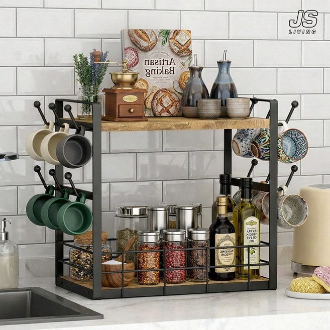 JS리빙 컵걸이 주방 정리 선반 양념통 수납 컵 정리대 다용도 2단 수납장 부엌 접시 그릇 컵 걸이대 틈새 정리함 양념선반 트레이 싱크대 거치대 식탁 위 공간 진열대 HM-1658, 1개, 블랙