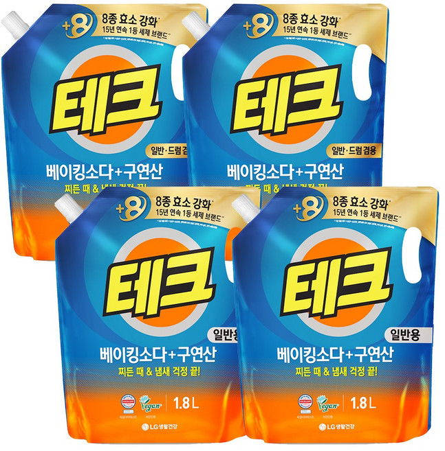 테크 베이킹소다+구연산 액체세제 일반드럼 겸용 리필 1.8L x 2개 + 일반 1.8L x 2개, 4개