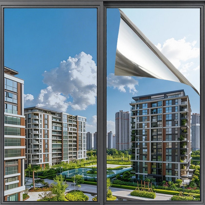 타리홈스 창문 사생활 보호필름 자외선차단 창문시트지 무점착, 팁블루 실버