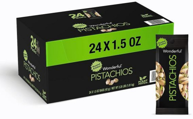 피스타치오 Wonderful Pistachios 원더풀 인 쉘 구운 소금 간 견과류 1.5온스 가방 24개입 1팩 단백질 간식 휴대용 개별 포장 건강, 1.01kg