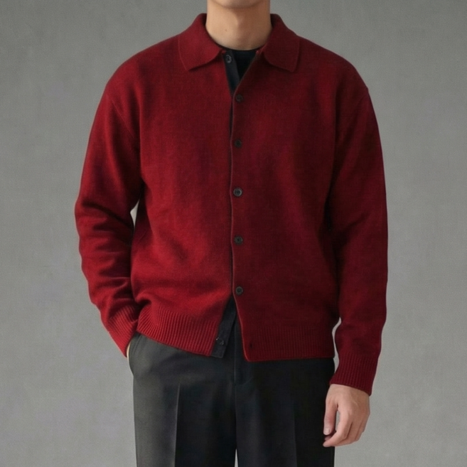 남자 배색 울 카라 가디건