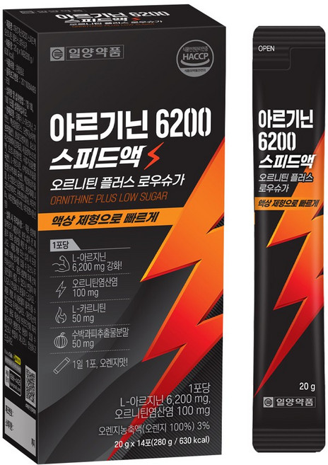 일양약품 아르기닌 6200 스피드액 오르니틴 플러스 로우 슈가 14p, 280g, 1개