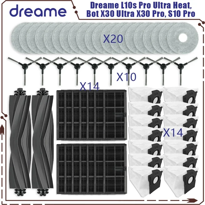 Dreame L10s Pro Ultra Heat X30 Mova 부품 메인 롤러 사이드 브러시 필터 먼지 봉투, 기타, 11 60PCS