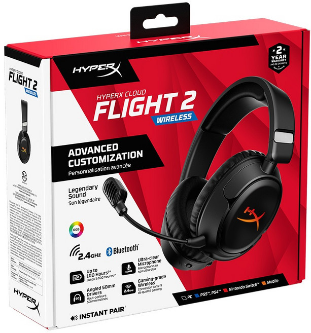 HyperX Cloud Flight 2 無線電競耳機 RGB燈效 100小時長效續航 支援多平台, 黑色