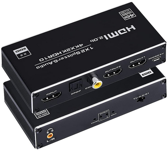 易控王 4K HDMI分配器 一進二出 音訊分離器(3.5mm SPDIF Coaxial) 支援超高畫質影像傳輸, 1個, 50-507-12