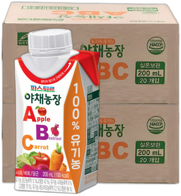 파스퇴르 실온 야채농장 ABC쥬스 200ml (40팩) 100%유기농주스, 40개