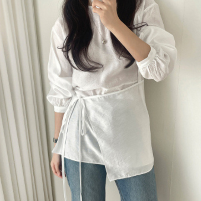 서진맘 여성 라운드넥 페이크 레이어드 랩 루즈핏 블라우스