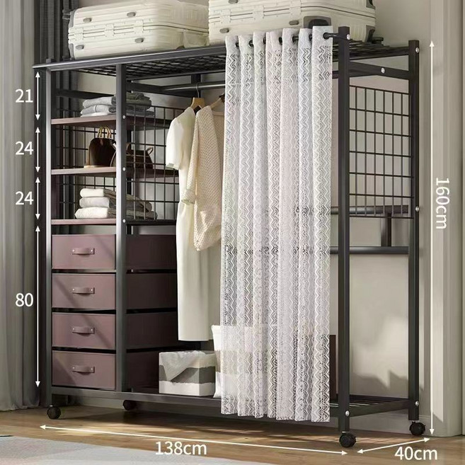 衣櫃 衣櫥 家用臥室 簡易衣櫥 出租房用 結實耐用 收納櫃 經濟型組裝 金屬衣櫃, 【138CM】黑色帶紗簾-3A碳素鋼木衣