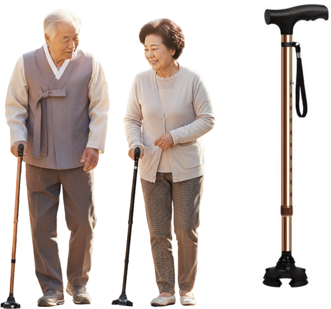 마케즈 초경량 네발 4발 노인 어르신 할머니 할아버지 가벼운 접이식 길이조절 지팡이 + 발 추가증정, 1개, 브라운