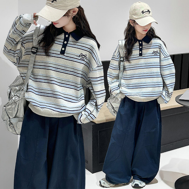 비비키드 스트라이프 리본자수 카라티 주니어 상의 초등생 하의 세트 여아 봄 가을 세트 초중생 긴팔 빅포켓 긴바지 초등생 상하세트 (77694)