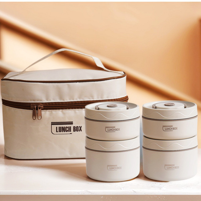 Majesun 보온 도시락통 304스텐 런치 보온수납가방포함 직장인 픽크닉 분리형 도시락통세트, 베이지 4단, 1개