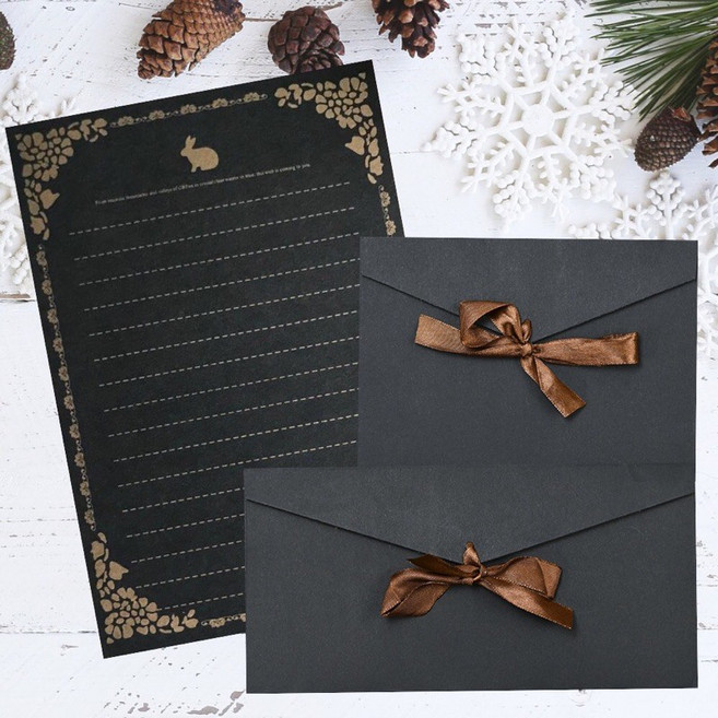 緞帶蝴蝶結復古牛皮信封 邱比特射箭愛心簡約高級信紙, 1個, 黑色信紙/黑色信封