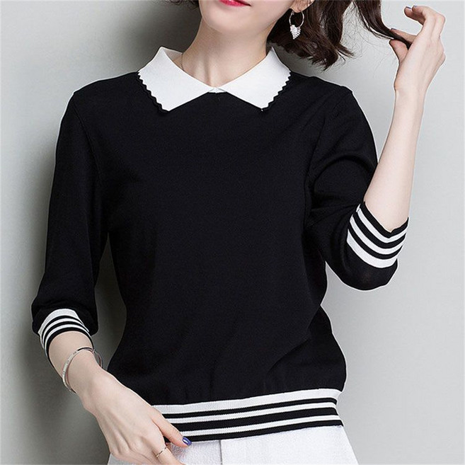 TKX 여성용 봄 가을 캐주얼 스웨터 배색 칼라 7부 소매 티셔츠 니트 티셔츠 귀여운 소프트 상의 KZ35