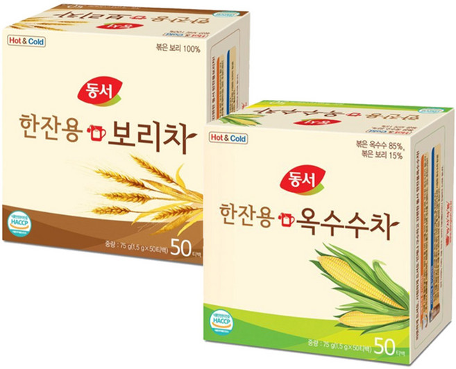 [성실한오피스] 동서 한잔용 보리차 50T + 한잔용 옥수수차 50T 티백 차 세트, 75g, 1개