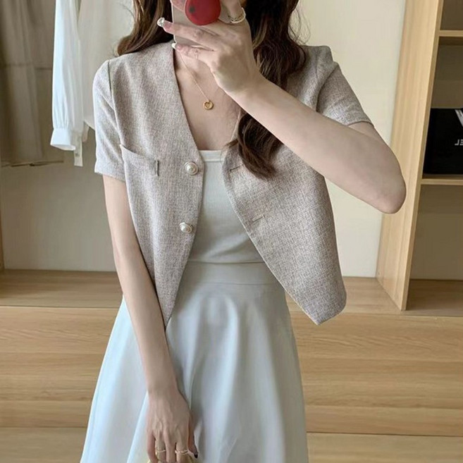 ORZQU 여성 루즈핏 브이넥 숏 톱 캐주얼 코디 여름 재킷
