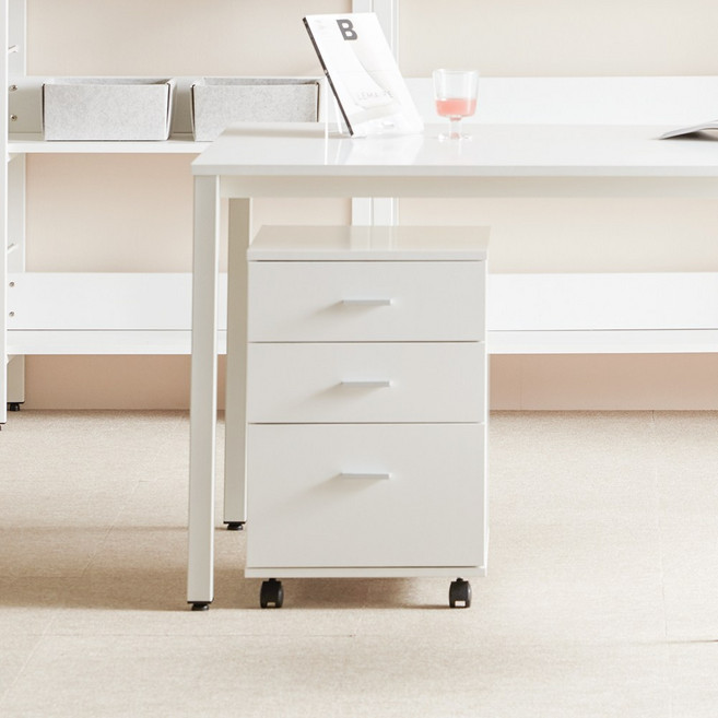 라자가구 플레인 트롤리 책상보조 이동식 3단 서랍, 크림버치