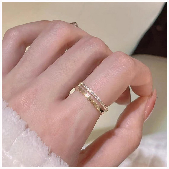 FANSYLI 두줄 커팅 실반지 모이사나이트 큐빅 다이아반지 14k 도금 레이어드 써지컬스틸 반지 오픈링 0425JLL057