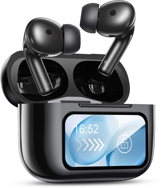 OMIIYA 터치스크린 디스플레이 무선 블루투스 이어폰 커널형 ANC 노이즈캔슬링 고음질, 블랙, T14