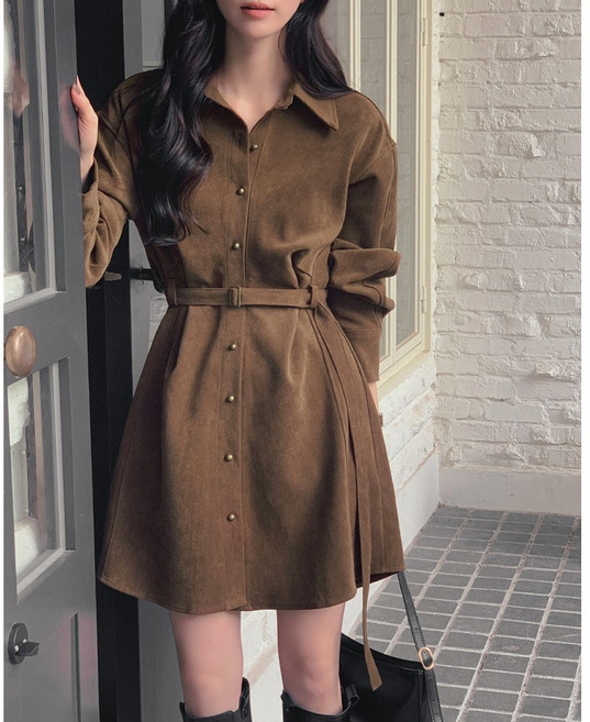 스타일 키 SK2600 여성 코듀로이 원피스 빈티지단추 카라넥 셔츠 미니 원피스(허리끈포함)