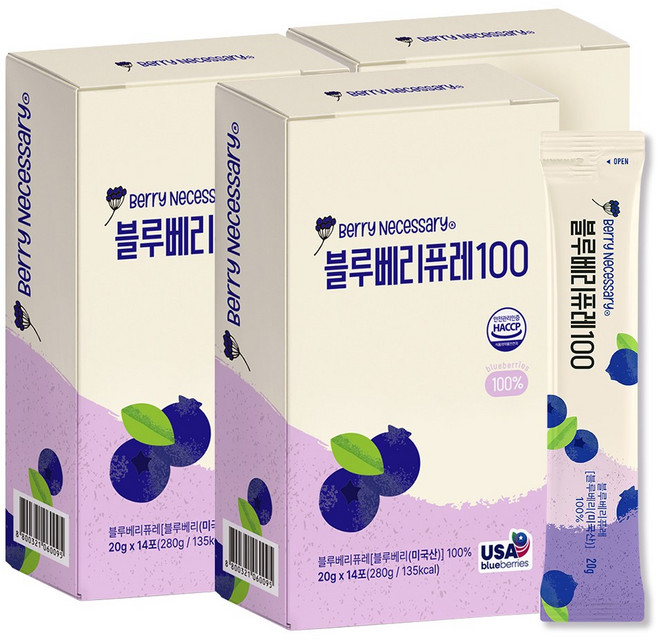 미국산 A등급 통째로 갈아만든 블루베리 퓨레 100%, 3박스, 280ml