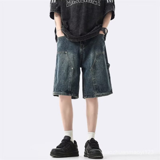 Yellwell여름 빈티지 워싱 카고 데님 반바지 남성용 루즈핏 일자 5부 팬츠 얇은 캐주얼 LZA