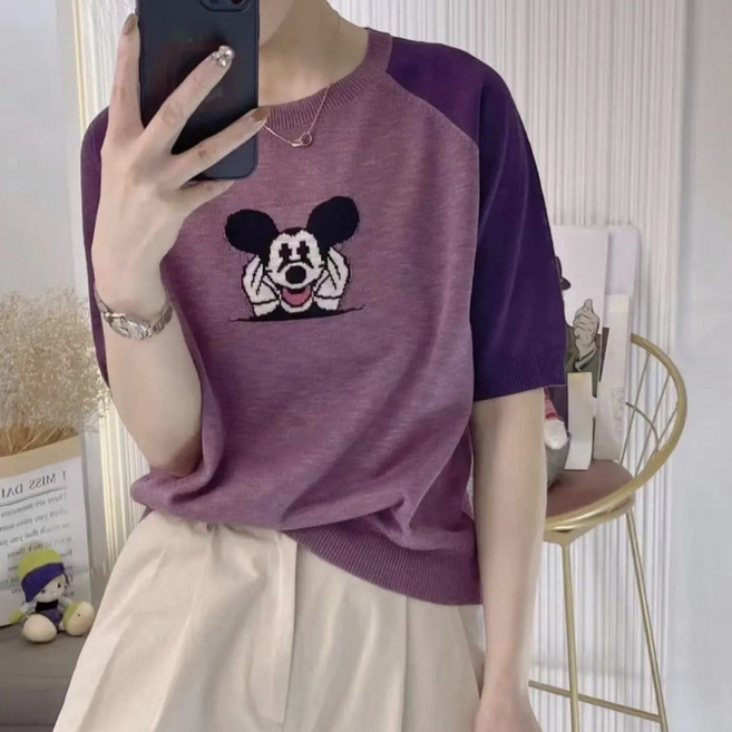 短袖針織上衣 印花針織衫 夏季短袖T恤女